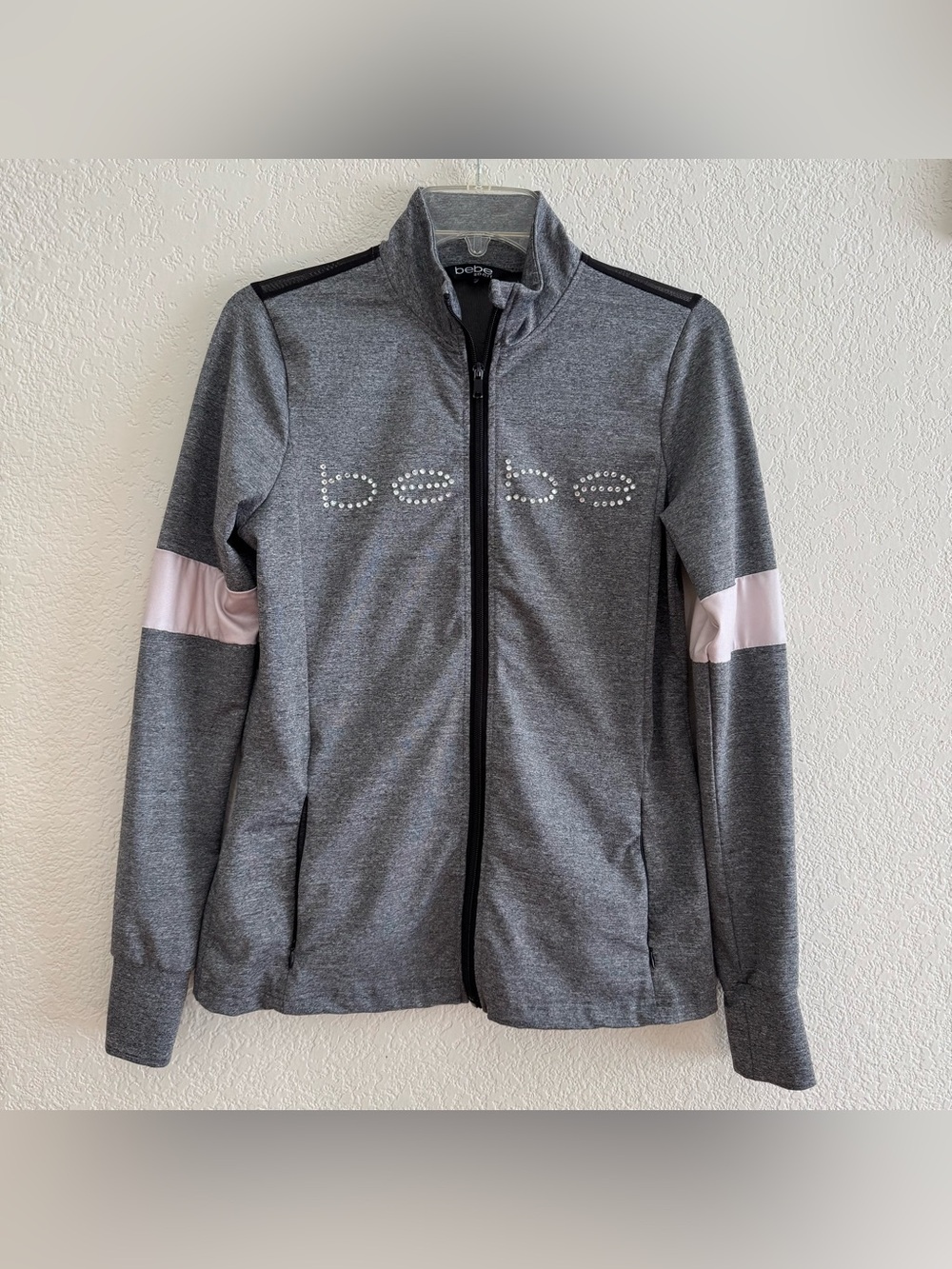 Y2K Bebe Sport Heather Gray Athletic Track Jacket Rhinestone Chrystal Logo Mesh